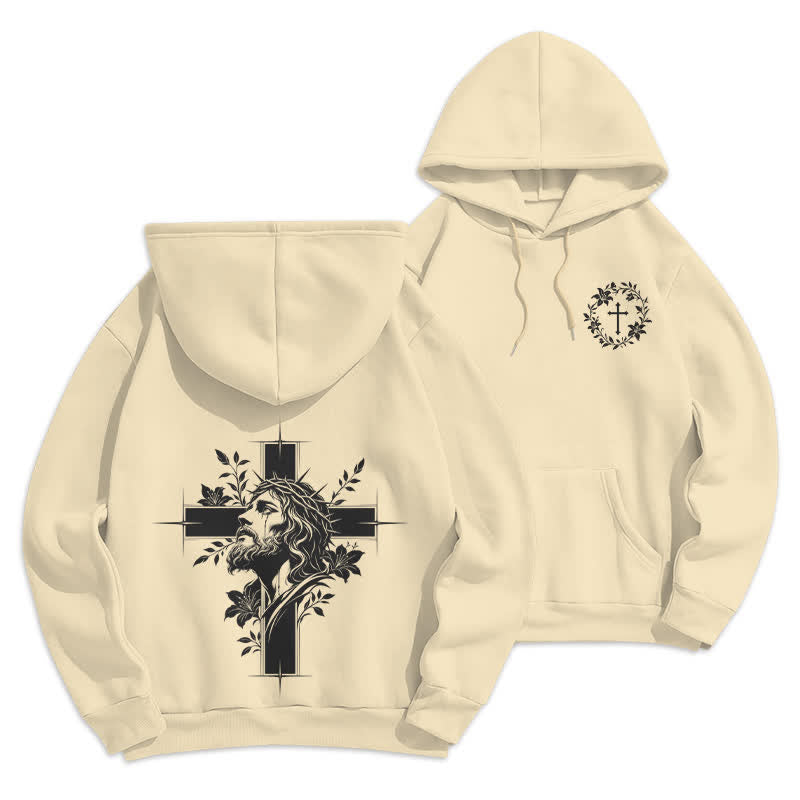 Christianartworkshop Fleecegefütterter Pullover-Hoodie mit Kreuzkranz-Motiv auf der Rückseite - Beige - 2XL - image 12