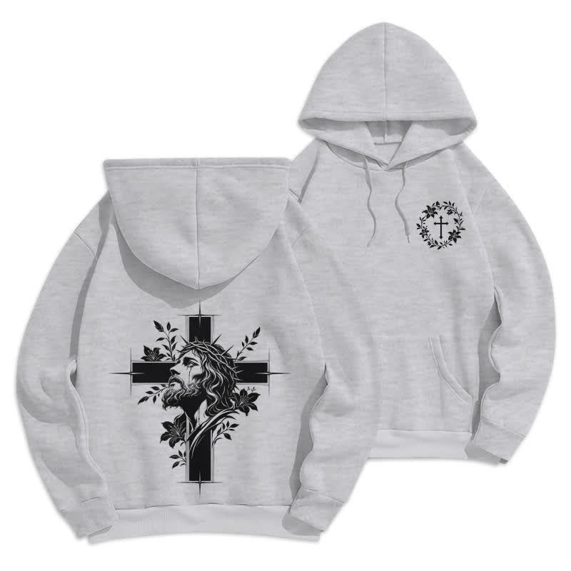 Christianartworkshop Fleecegefütterter Pullover-Hoodie mit Kreuzkranz-Motiv auf der Rückseite - Grau - 2XL - image 9