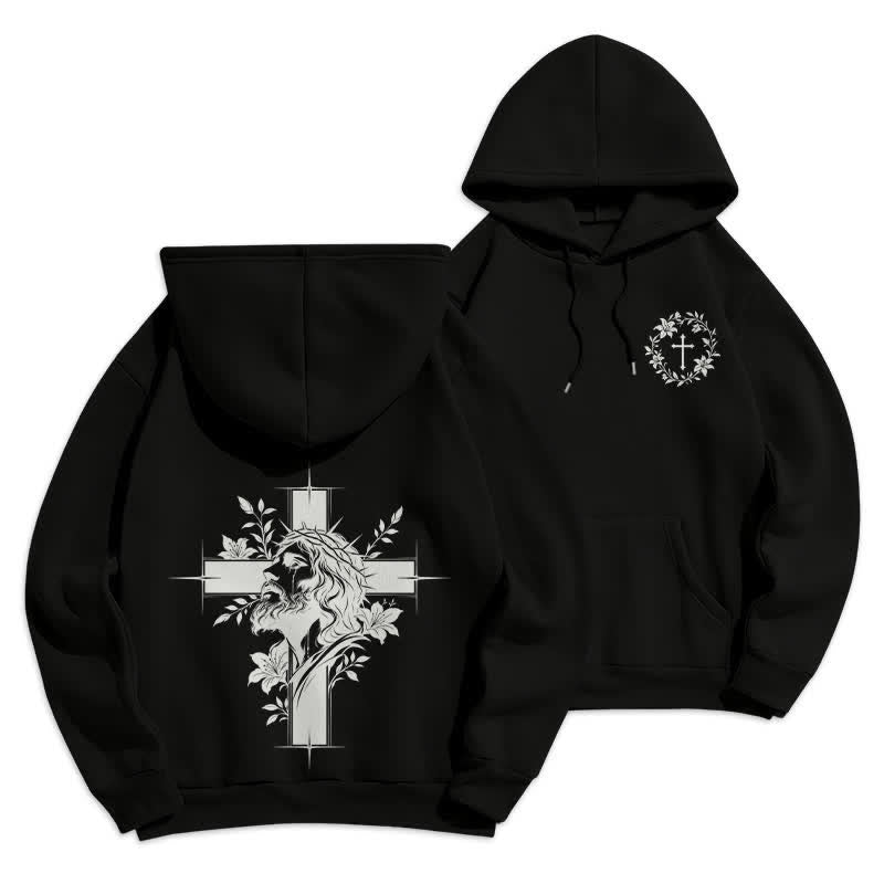 Christianartworkshop Fleecegefütterter Pullover-Hoodie mit Kreuzkranz-Motiv auf der Rückseite - Schwarz - 2XL - image 0