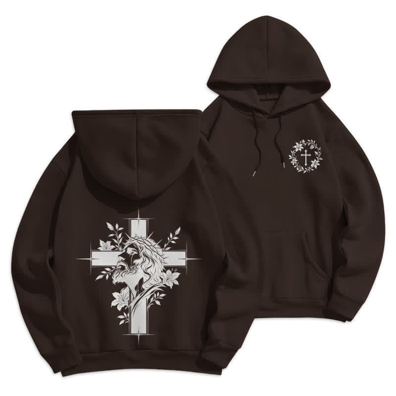Christianartworkshop Fleecegefütterter Pullover-Hoodie mit Kreuzkranz-Motiv auf der Rückseite - Braun - 2XL - image 3