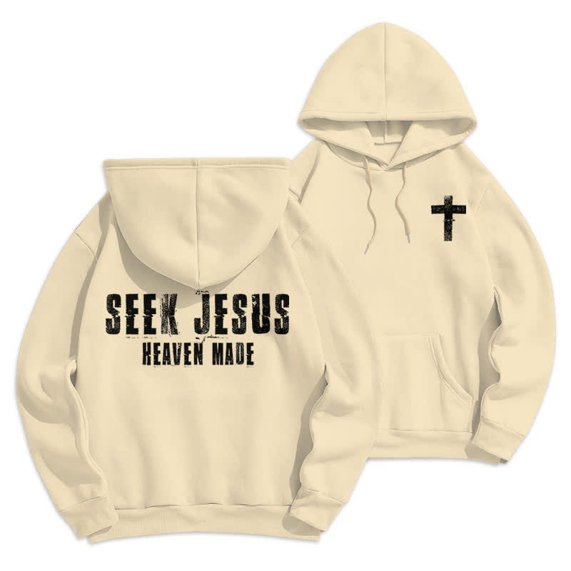 Christianartworkshop „Seek Jesus“ Hoodie mit Used-Look auf der Rückseite und Fleece-Futter - Beige - 2XL - image 12