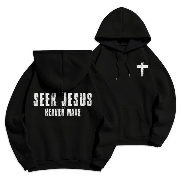 Christianartworkshop „Seek Jesus“ Hoodie mit Used-Look auf der Rückseite und Fleece-Futter - Schwarz - 2XL - image 9