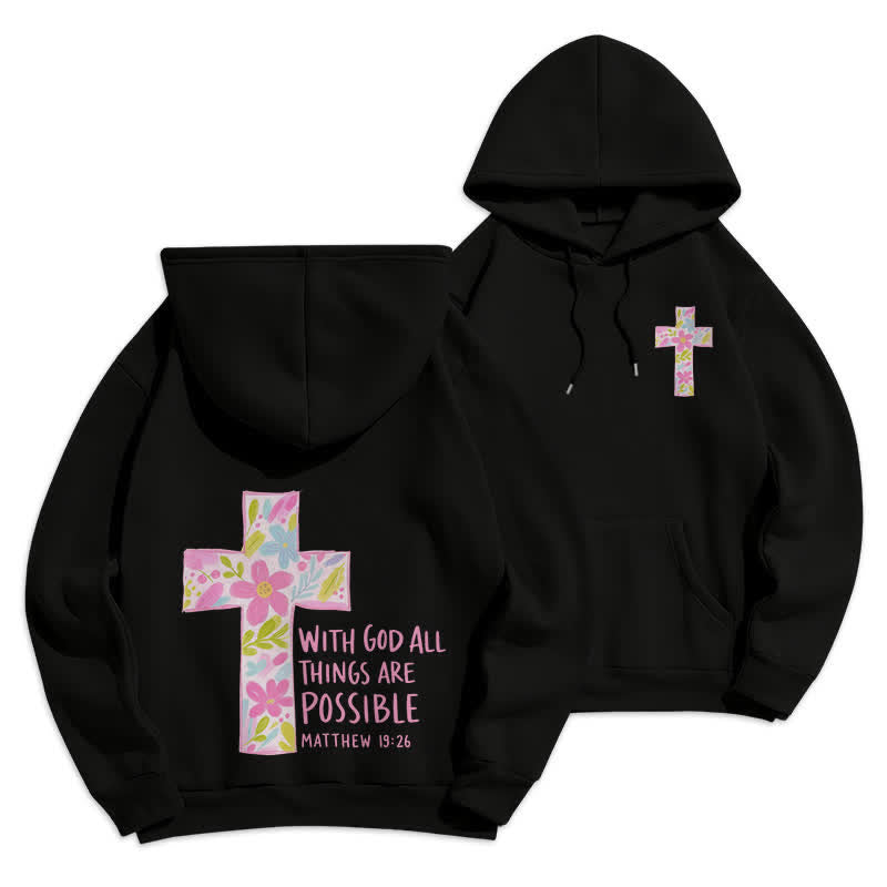 Christianartworkshop Mit Gott ist alles möglich – Kapuzenpullover mit Blumenkreuz - Schwarz - 2XL - image 0