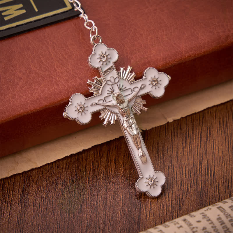 Christianartworkshop Hellblauer Rosenkranz in Katzenaugenform mit St.-Benedikt-Medaille und weißem Emaille-Kruzifix - image 8