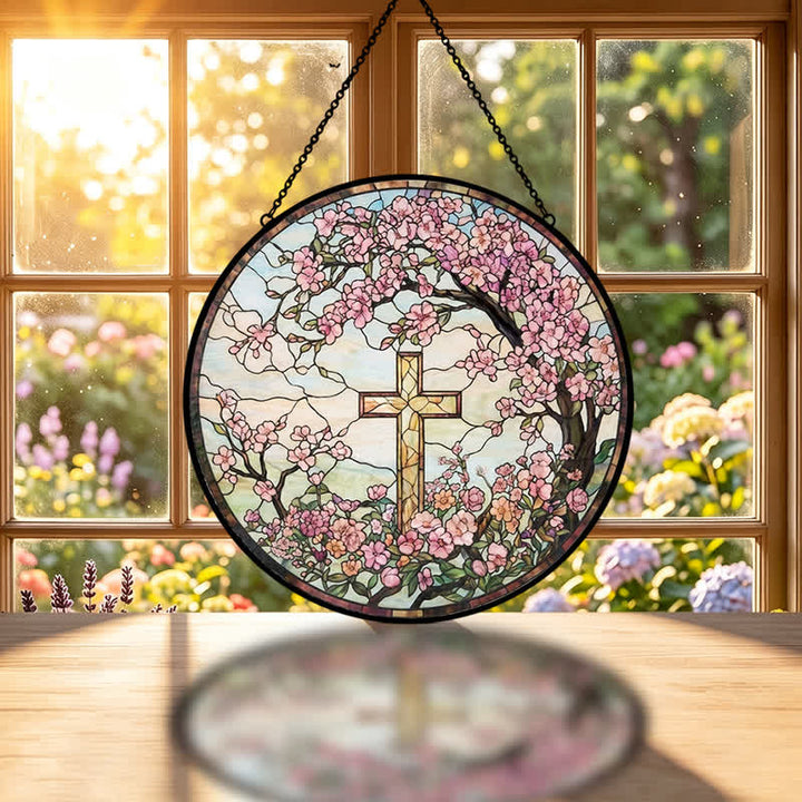 Christianartworkshop Glas-Sonnenfänger mit Blumengartenkreuz: Symbol strahlenden himmlischen Segens - image 1