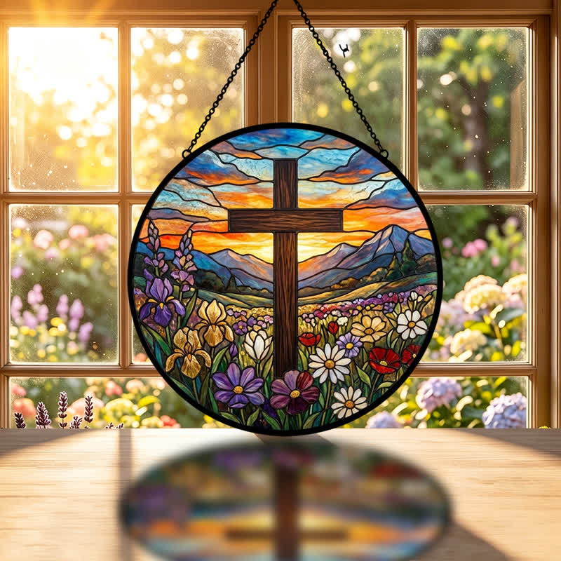 Christianartworkshop Sonnenaufgangs-Wiesenkreuz-Glassonnenfänger: Symbol strahlender himmlischer Hoffnung - image 1