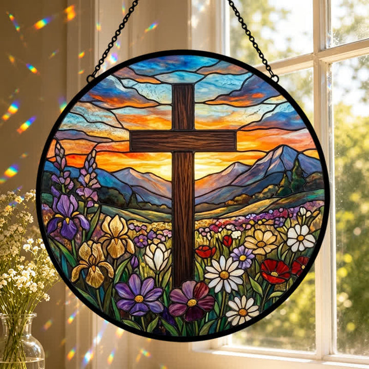 Christianartworkshop Sonnenaufgangs-Wiesenkreuz-Glassonnenfänger: Symbol strahlender himmlischer Hoffnung - image 0
