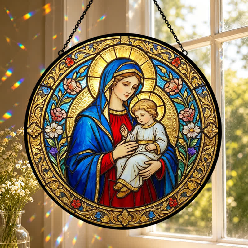 Christianartworkshop Vintage-Sonnenfänger aus Glas mit der Muttergottes und dem Heiligen Kind: Symbol zarter himmlischer Gnade - image 0