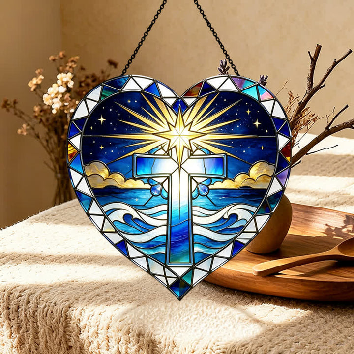 Christianartworkshop Eleganter Glas-Sonnenfänger in Herzform mit Kreuz: Symbol warmer, heiliger Gnade - image 4