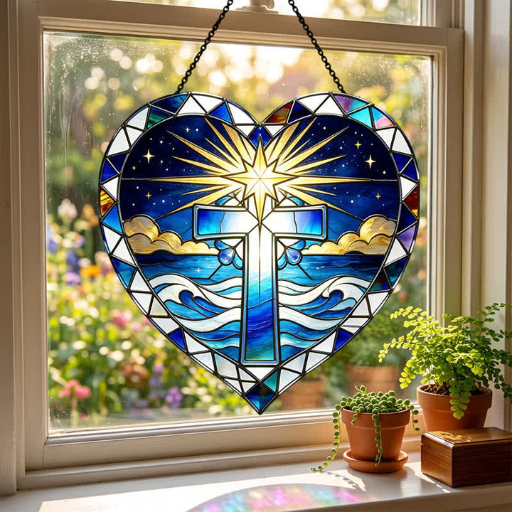 Christianartworkshop Eleganter Glas-Sonnenfänger in Herzform mit Kreuz: Symbol warmer, heiliger Gnade - image 2