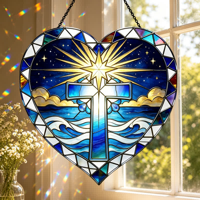 Christianartworkshop Eleganter Glas-Sonnenfänger in Herzform mit Kreuz: Symbol warmer, heiliger Gnade - image 0