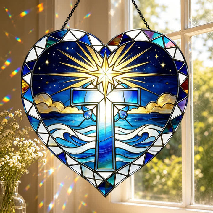 Christianartworkshop Eleganter Glas-Sonnenfänger in Herzform mit Kreuz: Symbol warmer, heiliger Gnade - image 0