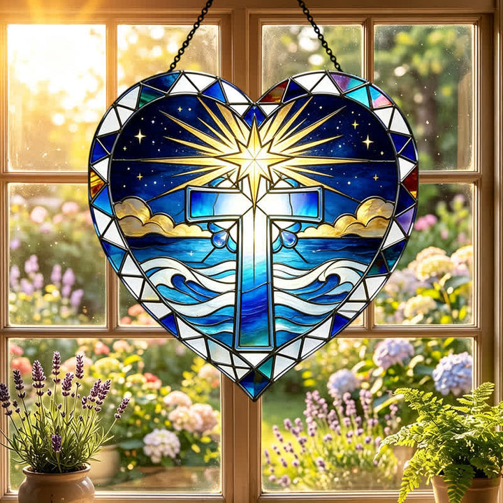 Christianartworkshop Eleganter Glas-Sonnenfänger in Herzform mit Kreuz: Symbol warmer, heiliger Gnade - image 6
