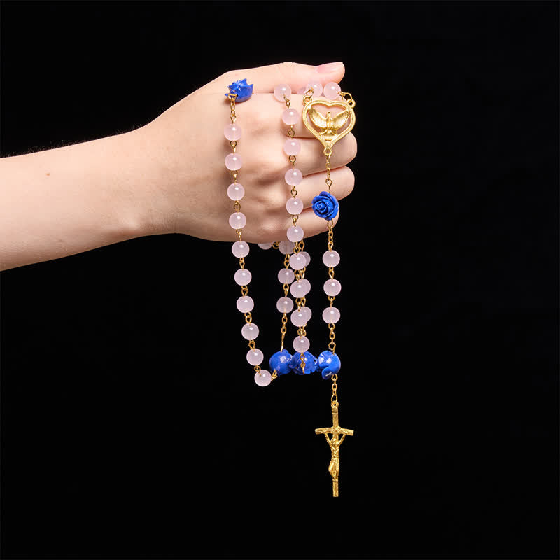 Christianartworkshop Himmlischer Rosenkranz aus königsblauem und rosafarbenem Glas mit Herz und Kruzifix des Heiligen Geistes - image 1