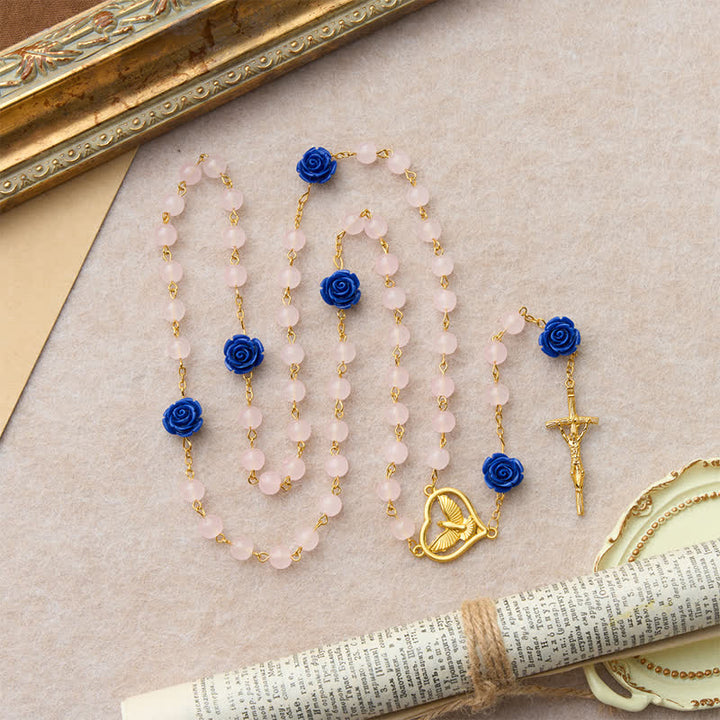 Christianartworkshop Himmlischer Rosenkranz aus königsblauem und rosafarbenem Glas mit Herz und Kruzifix des Heiligen Geistes - image 4