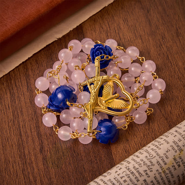Christianartworkshop Himmlischer Rosenkranz aus königsblauem und rosafarbenem Glas mit Herz und Kruzifix des Heiligen Geistes - Rosenkranz des Heiligen Geistes - image 0