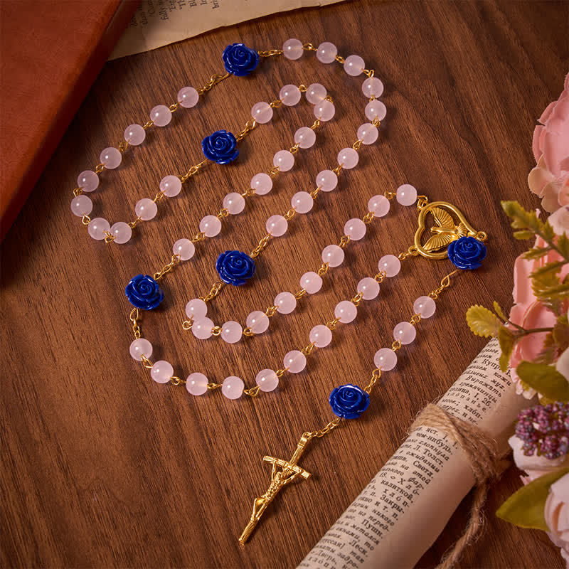 Christianartworkshop Himmlischer Rosenkranz aus königsblauem und rosafarbenem Glas mit Herz und Kruzifix des Heiligen Geistes - image 2