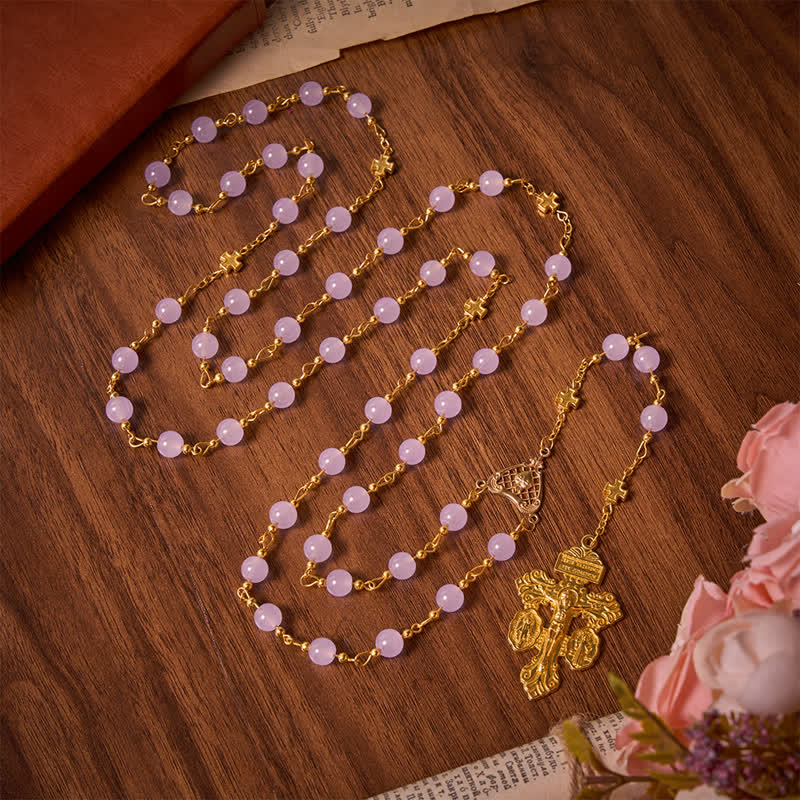 Christianartworkshop Rosenkranz aus hellvioletten Glasperlen mit Kreuz des Heiligen Herzens: Symbol der sanften himmlischen Barmherzigkeit - image 3