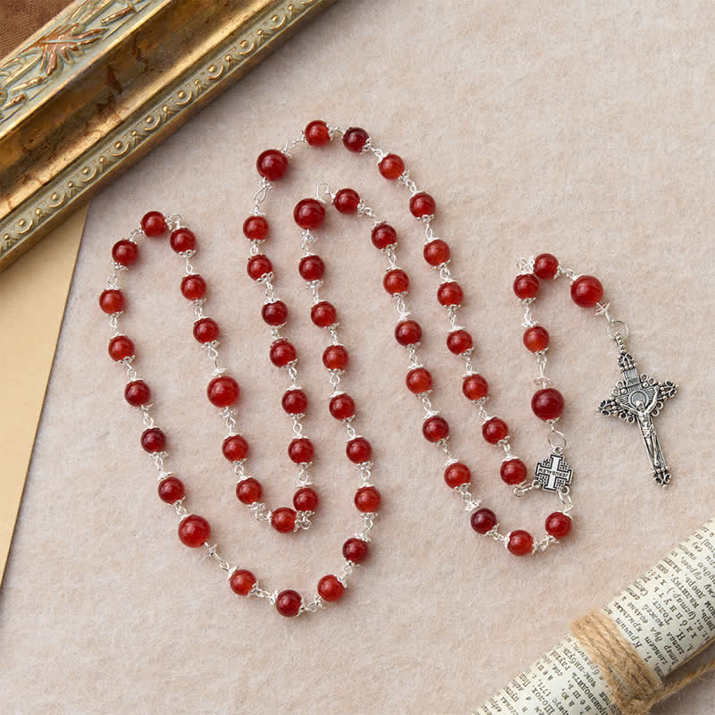 Christianartworkshop Rosenkranz aus glänzend roten Glasperlen mit Jerusalemkreuz: Symbol der edlen himmlischen Erlösung - image 3