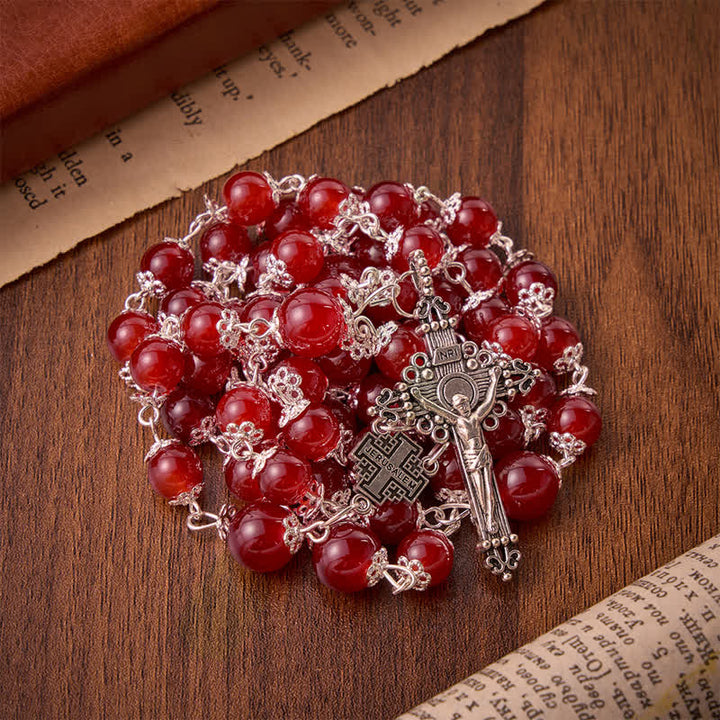Christianartworkshop Rosenkranz aus glänzend roten Glasperlen mit Jerusalemkreuz: Symbol der edlen himmlischen Erlösung - image 5