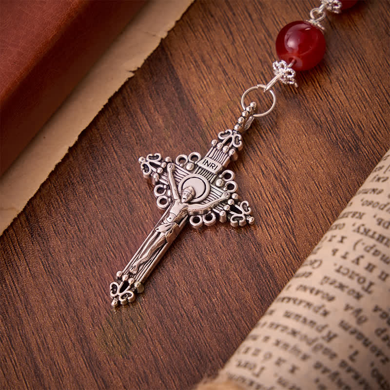 Christianartworkshop Rosenkranz aus glänzend roten Glasperlen mit Jerusalemkreuz: Symbol der edlen himmlischen Erlösung - image 8
