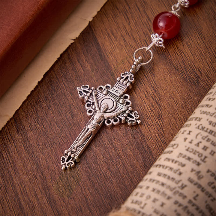 Christianartworkshop Rosenkranz aus glänzend roten Glasperlen mit Jerusalemkreuz: Symbol der edlen himmlischen Erlösung - image 8