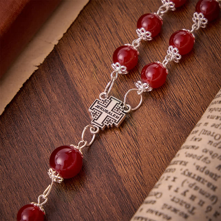 Christianartworkshop Rosenkranz aus glänzend roten Glasperlen mit Jerusalemkreuz: Symbol der edlen himmlischen Erlösung - image 7