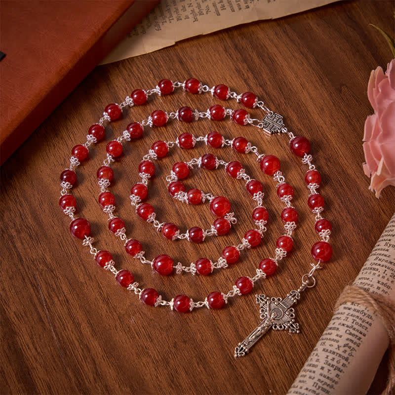 Christianartworkshop Rosenkranz aus glänzend roten Glasperlen mit Jerusalemkreuz: Symbol der edlen himmlischen Erlösung - image 2