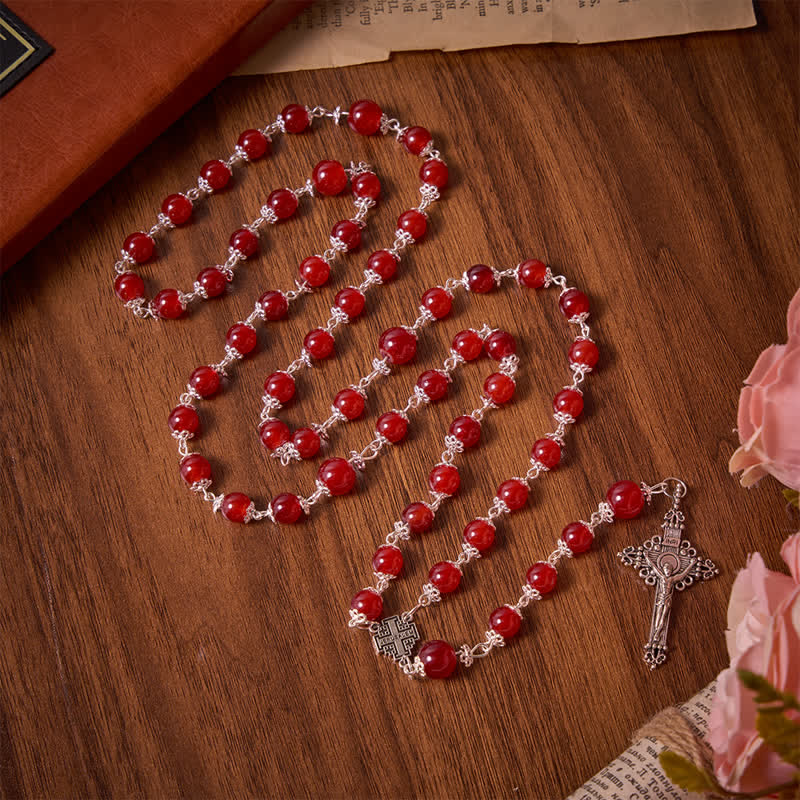 Christianartworkshop Rosenkranz aus glänzend roten Glasperlen mit Jerusalemkreuz: Symbol der edlen himmlischen Erlösung - Rosenkranz aus roten Glasperlen - image 0