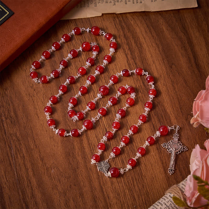 Christianartworkshop Rosenkranz aus glänzend roten Glasperlen mit Jerusalemkreuz: Symbol der edlen himmlischen Erlösung - Rosenkranz aus roten Glasperlen - image 0