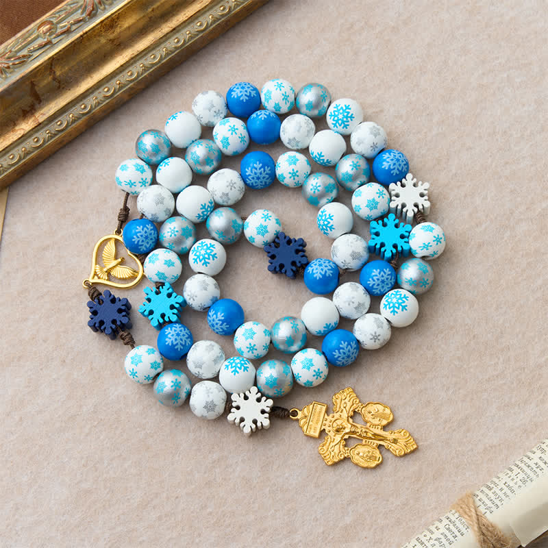 Christianartworkshop Rosenkranz aus Holzperlen in Schneeflockenform mit Herzmedaille des Heiligen Geistes: Symbol der himmlischen Gelassenheit - image 5