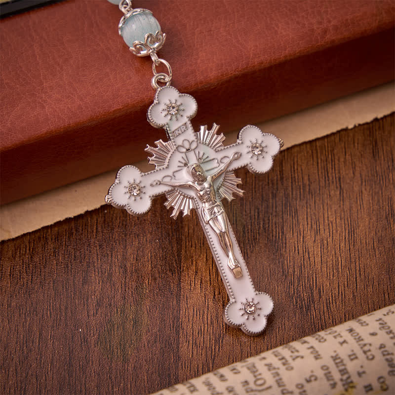 Christianartworkshop Rosenkranz mit Katzenaugenperlen in Hellblau & St.-Benedikt-Kreuz: Symbol stiller, heiliger Führung - image 8