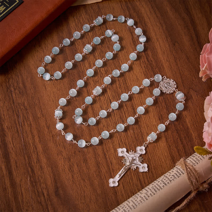 Christianartworkshop Rosenkranz mit Katzenaugenperlen in Hellblau & St.-Benedikt-Kreuz: Symbol stiller, heiliger Führung - image 2