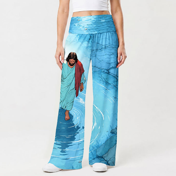Christianartworkshop Jesus Walking On Water Ripple Lake Comic Art Casual Faith Women's Wide Leg Pants - US22, UK/AU26, EU54 (6XL) - image 0