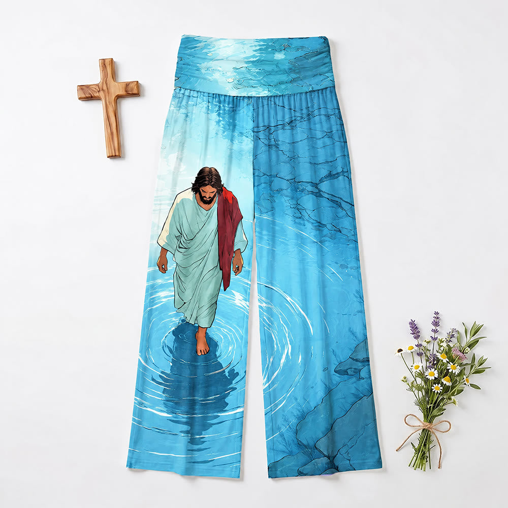 Christianartworkshop Jesus Walking On Water Ripple Lake Comic Art Casual Faith Women's Wide Leg Pants - image 2