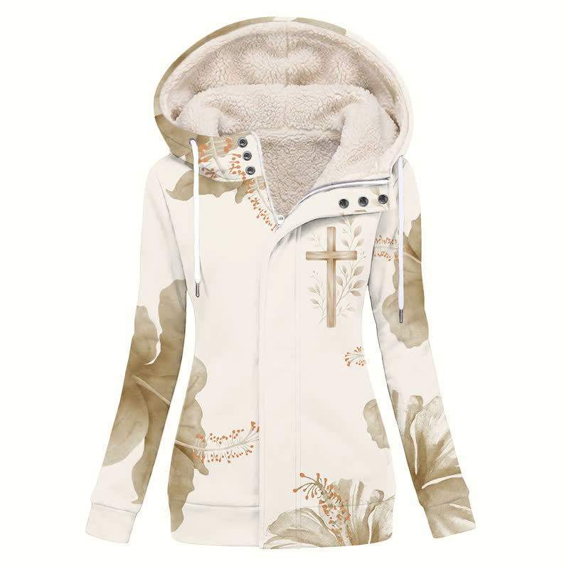 Christianartworkshop Wintermantel mit Kapuze und Sherpa-Futter, verziert mit Blumenmuster und Kreuzmuster - US16, UK/AU20, EU48 (4XL) - image 0
