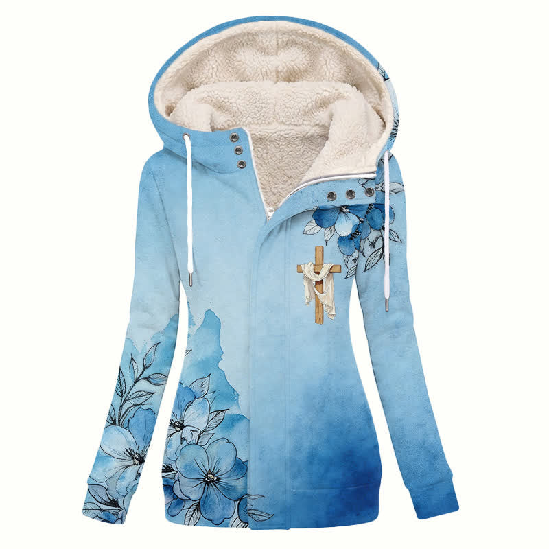 Christianartworkshop Wintermantel mit Kapuze und blauem Farbverlauf, Sherpa-Fleece ...Material mit Blumenmuster und Ombré-Blumenmuster - US16, UK/AU20, EU48 (4XL) - image 0