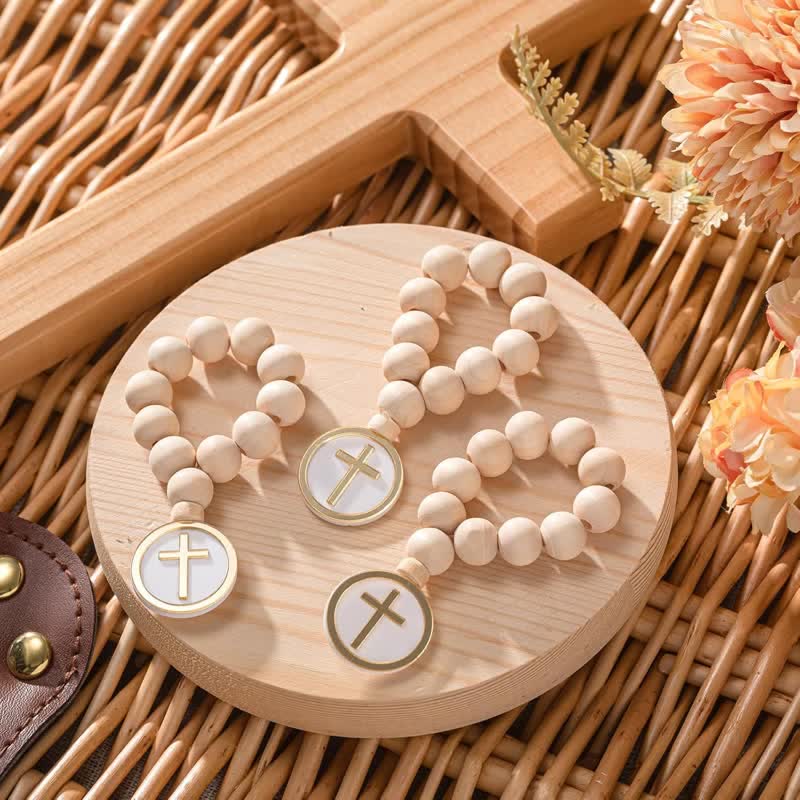 Christianartworkshop Rosenkranz aus Naturholz mit rundem Kreuzanhänger: Zeichen unfehlbaren himmlischen Segens - 3er-Set mit Organzabeutel - image 0