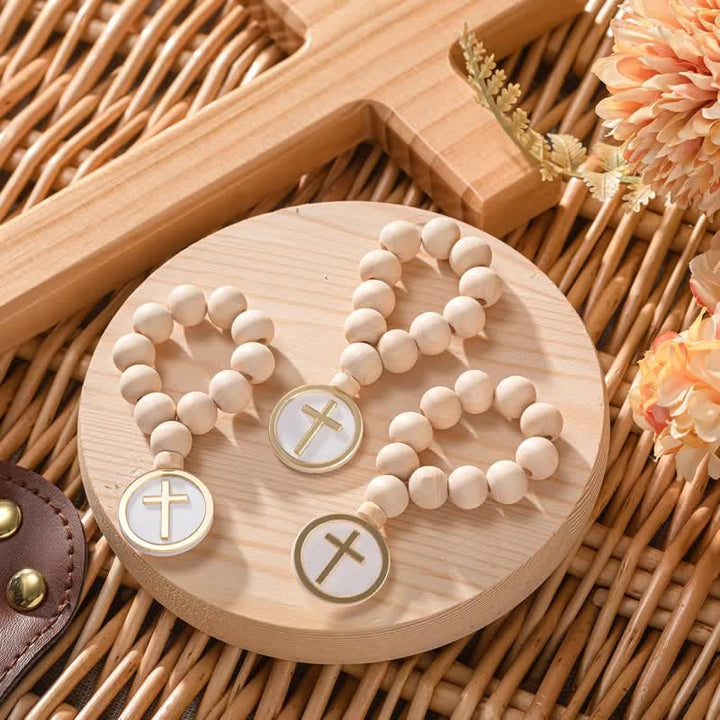 Christianartworkshop Rosenkranz aus Naturholz mit rundem Kreuzanhänger: Zeichen unfehlbaren himmlischen Segens - 3er-Set mit Organzabeutel - image 0