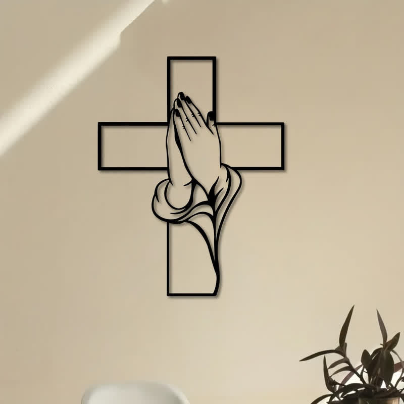 Christianartworkshop Wandbild „Betende Hände mit Kreuz“ aus hohlem Metall: Symbol des ewigen göttlichen Friedens - image 1