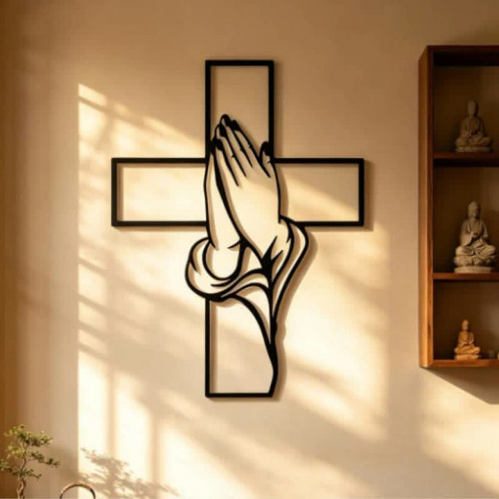 Christianartworkshop Wandbild „Betende Hände mit Kreuz“ aus hohlem Metall: Symbol des ewigen göttlichen Friedens - image 0
