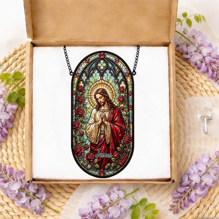 Christianartworkshop Jesus-Glas-Sonnenfänger mit Blumenkranz: Symbol des sanften göttlichen Friedens - image 8