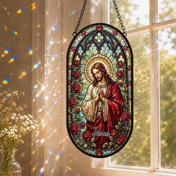 Christianartworkshop Jesus-Glas-Sonnenfänger mit Blumenkranz: Symbol des sanften göttlichen Friedens - image 0