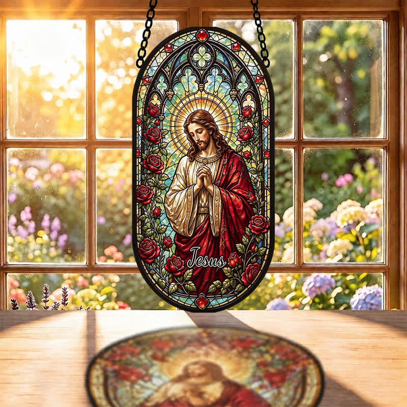 Christianartworkshop Jesus-Glas-Sonnenfänger mit Blumenkranz: Symbol des sanften göttlichen Friedens - image 1
