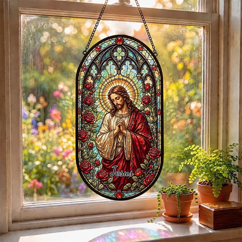 Christianartworkshop Jesus-Glas-Sonnenfänger mit Blumenkranz: Symbol des sanften göttlichen Friedens - image 3