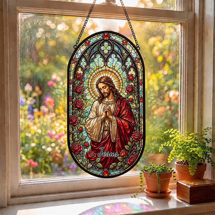 Christianartworkshop Jesus-Glas-Sonnenfänger mit Blumenkranz: Symbol des sanften göttlichen Friedens - image 3