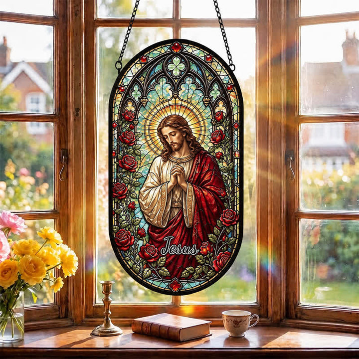 Christianartworkshop Jesus-Glas-Sonnenfänger mit Blumenkranz: Symbol des sanften göttlichen Friedens - image 2