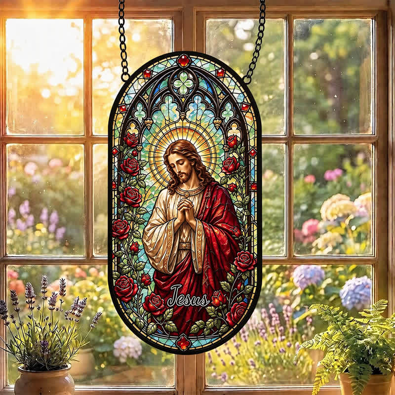 Christianartworkshop Jesus-Glas-Sonnenfänger mit Blumenkranz: Symbol des sanften göttlichen Friedens - image 5