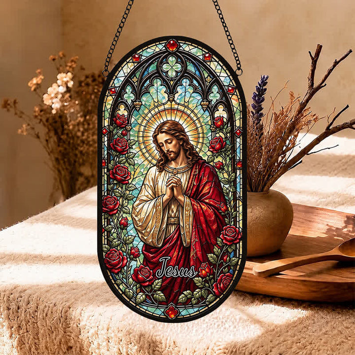 Christianartworkshop Jesus-Glas-Sonnenfänger mit Blumenkranz: Symbol des sanften göttlichen Friedens - image 4