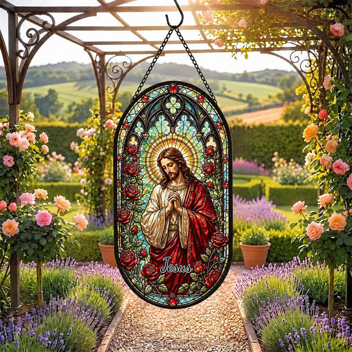 Christianartworkshop Jesus-Glas-Sonnenfänger mit Blumenkranz: Symbol des sanften göttlichen Friedens - image 6